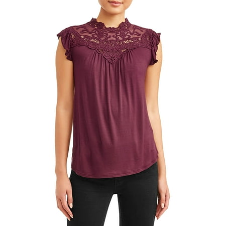 Juniors' Victorian Lace High Neck Flutter Sleeve Blouse