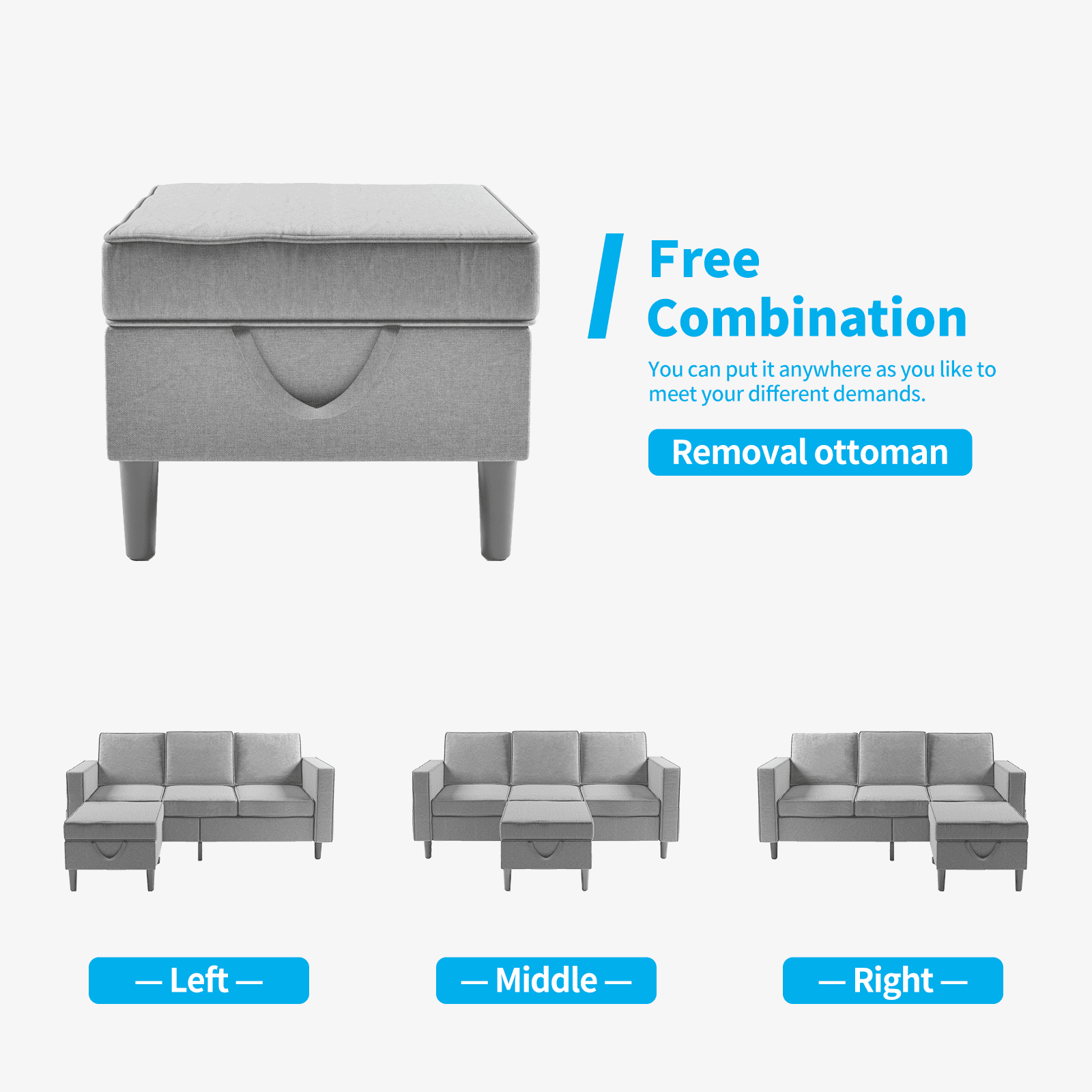 Mjkone Convertible Sectional Sofa Couch with Storage Ottoman, 3 Pcs Couch Set with Storage Pockets, Sectional Couches for Living Room, 3-Seater + Ottoman + 1-Loveseat (Light Gray)
