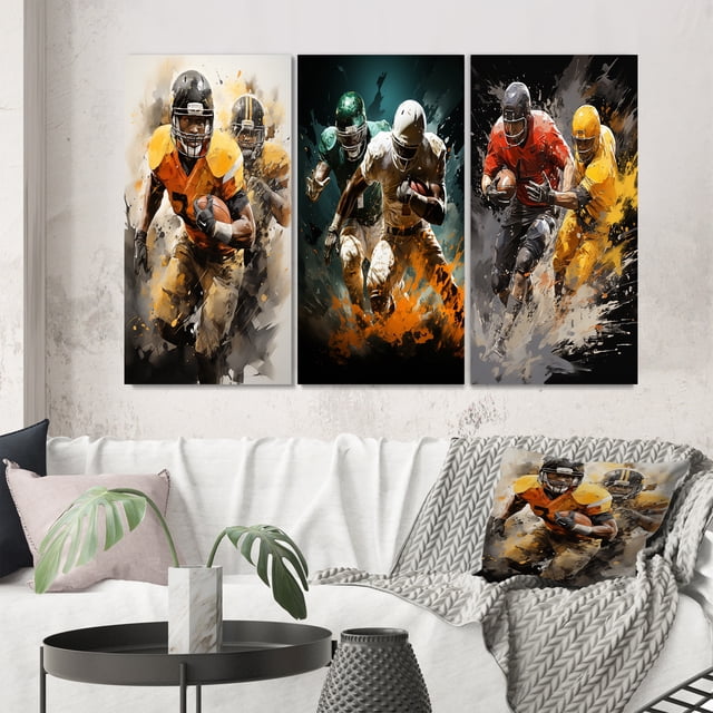Designart "Dynamic Plays Yellow Football wall art II" Sports Wall Art Set Of 3 - Yellow Football Gallery Wall Set For Home Decor