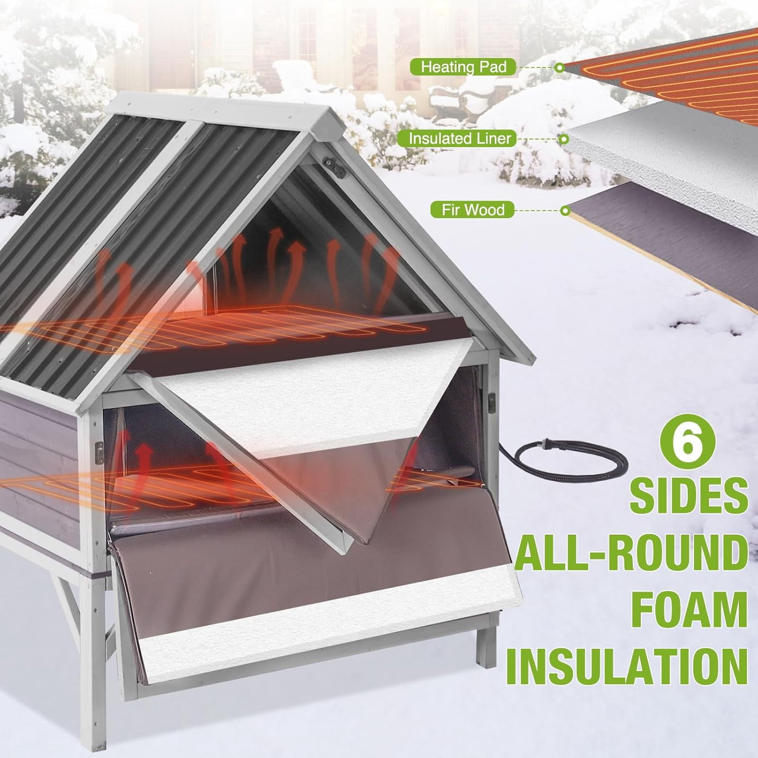 Aivituvin Heated Cat House 2-Level Large Outdoor Cat House Insulated Weatherproof Feral Cat Shelter with 2 Heating Pads, Insulated All-Round Thermal Liner, Large Porch, 3 Escape Doors for 1-6 Cats