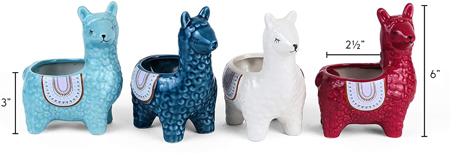 Cute Alpaca Succulent Pots, 4 Pc. Set, Decorative Ceramic Planters for Natural Indoor Gardens and Cacti, Colorful Office and Home Decor for Living Room, Kitchen, or Desk