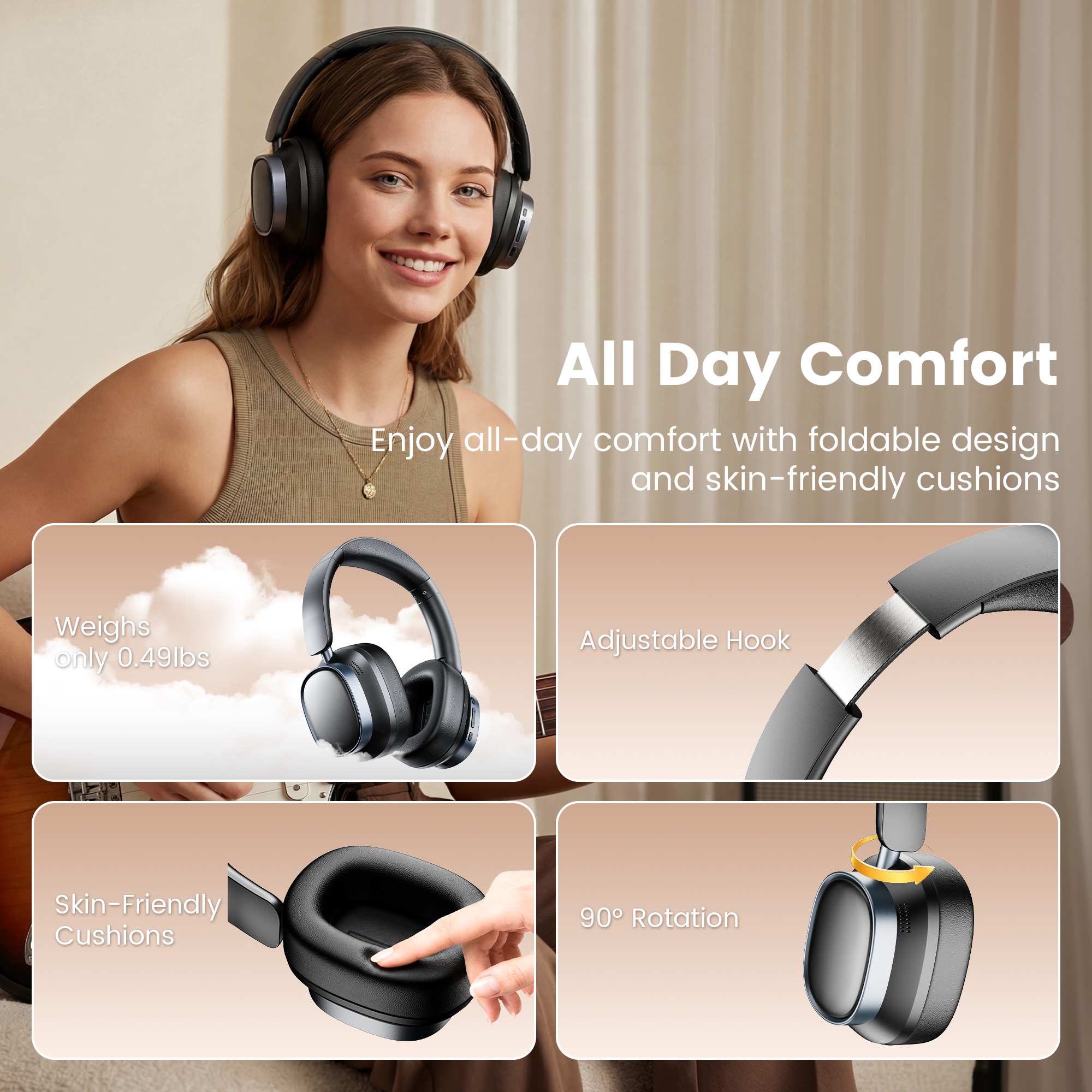 Trigiz Wireless ANC Over-Ear Headphones, 78H Battery, Black photo 7