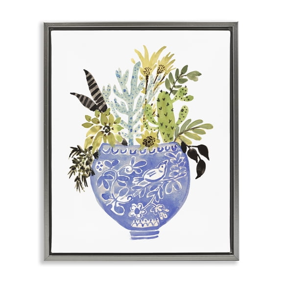 Stupell Industries Eclectic Whimsical Botanicals Ornate Planter Gray Floating Frame Canvas Art, 17 x 21, by Karen Fields