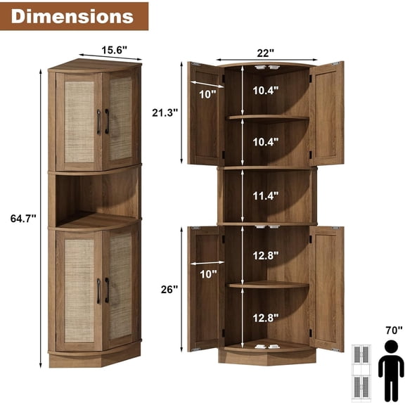 Tall Corner Cabinet with Storage, 64.7" Rattan Bookshelf for Living Room Kitchen Bathroom Office Farmhouse  Space Saver