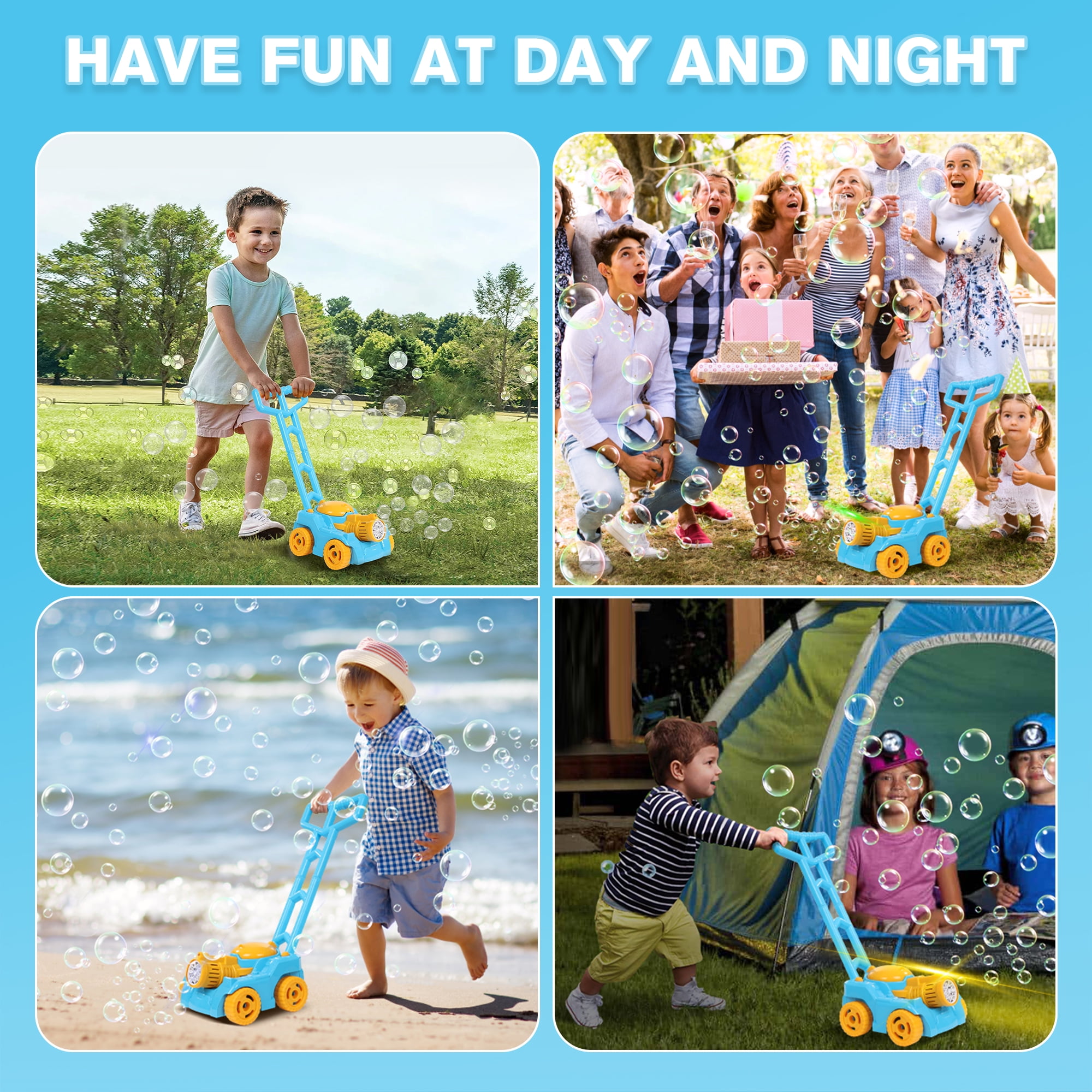 Wisairt Bubble Lawn Mower, Bubble Machine for Toddlers Kids, Outdoor Push Toy Gift for Preschool Boy Girl 3+, Blue & Yellow