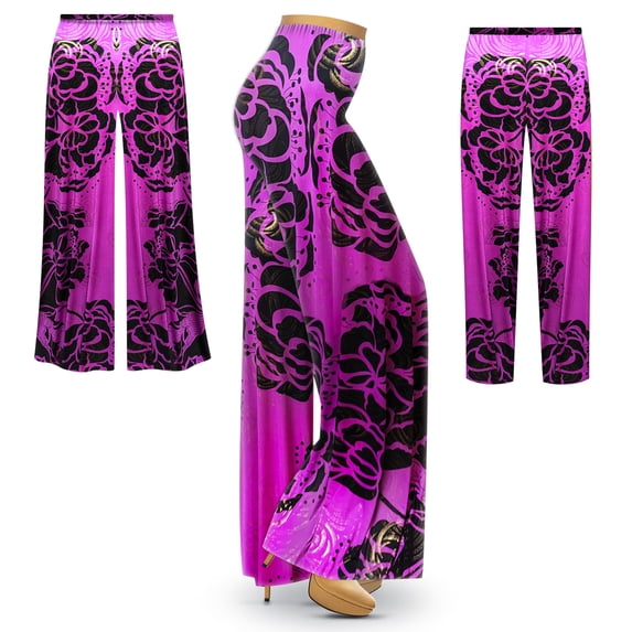 Small Black PInk Rose Slinky Palazzo Capri Pants