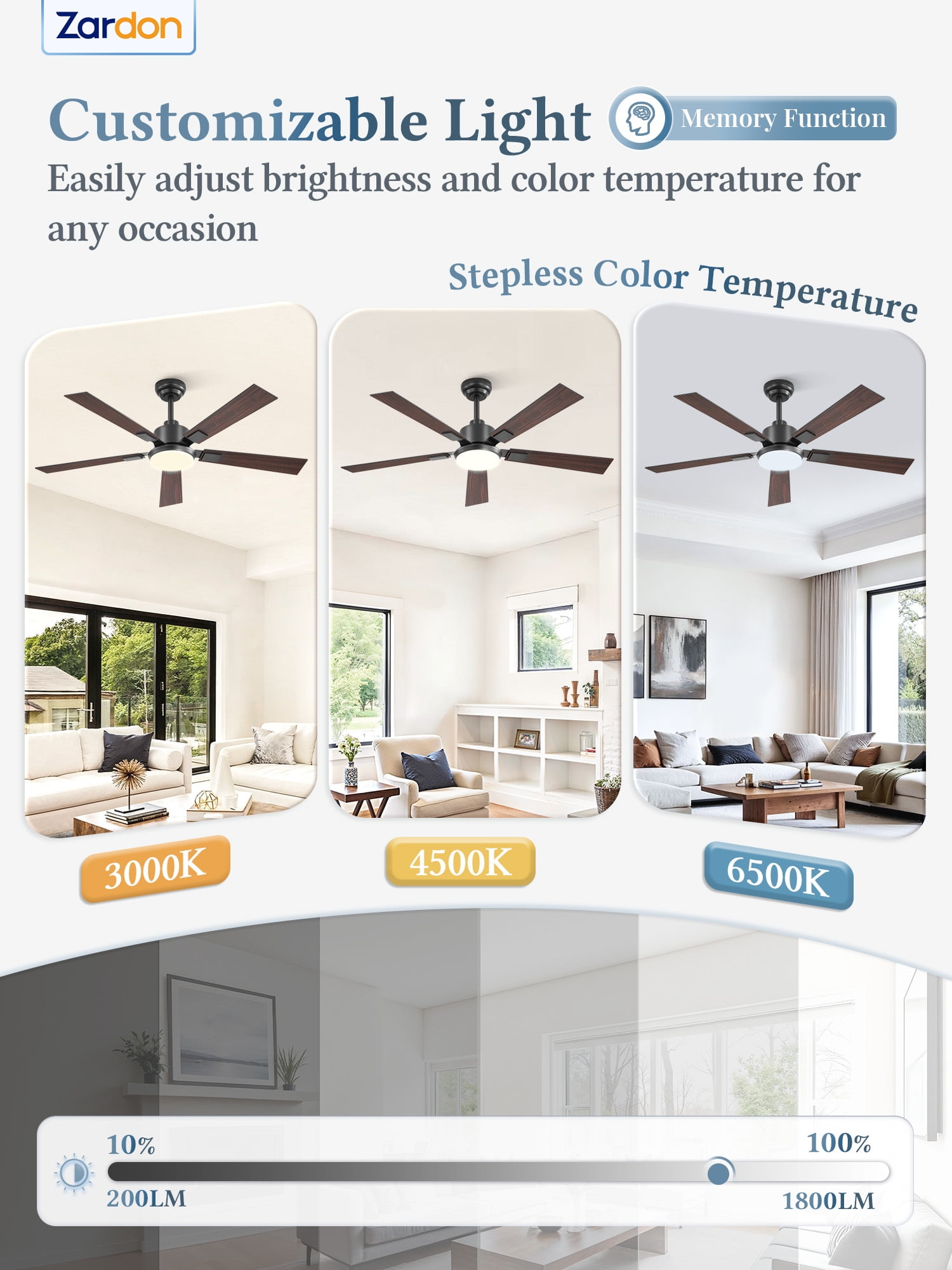 Zardon 52 Inch Modern Ceiling Fan with Light and Remote & APP Control, Adjustable Downrod Mount, 6 Speeds, Ultra Quiet DC Motor, Reversible Black/Walnut Blades