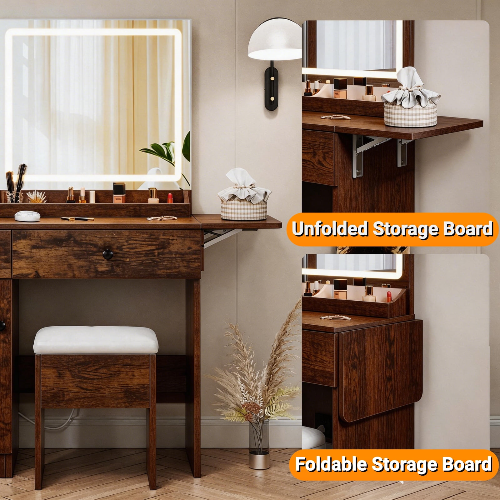 Haewon 35" Vanity Desk with Mirror, LED Light, Power Outlet, Makeup Vanity with Storage Cabinet and Foldable Panel, Vanity Set with Cushioned Stool, Brown