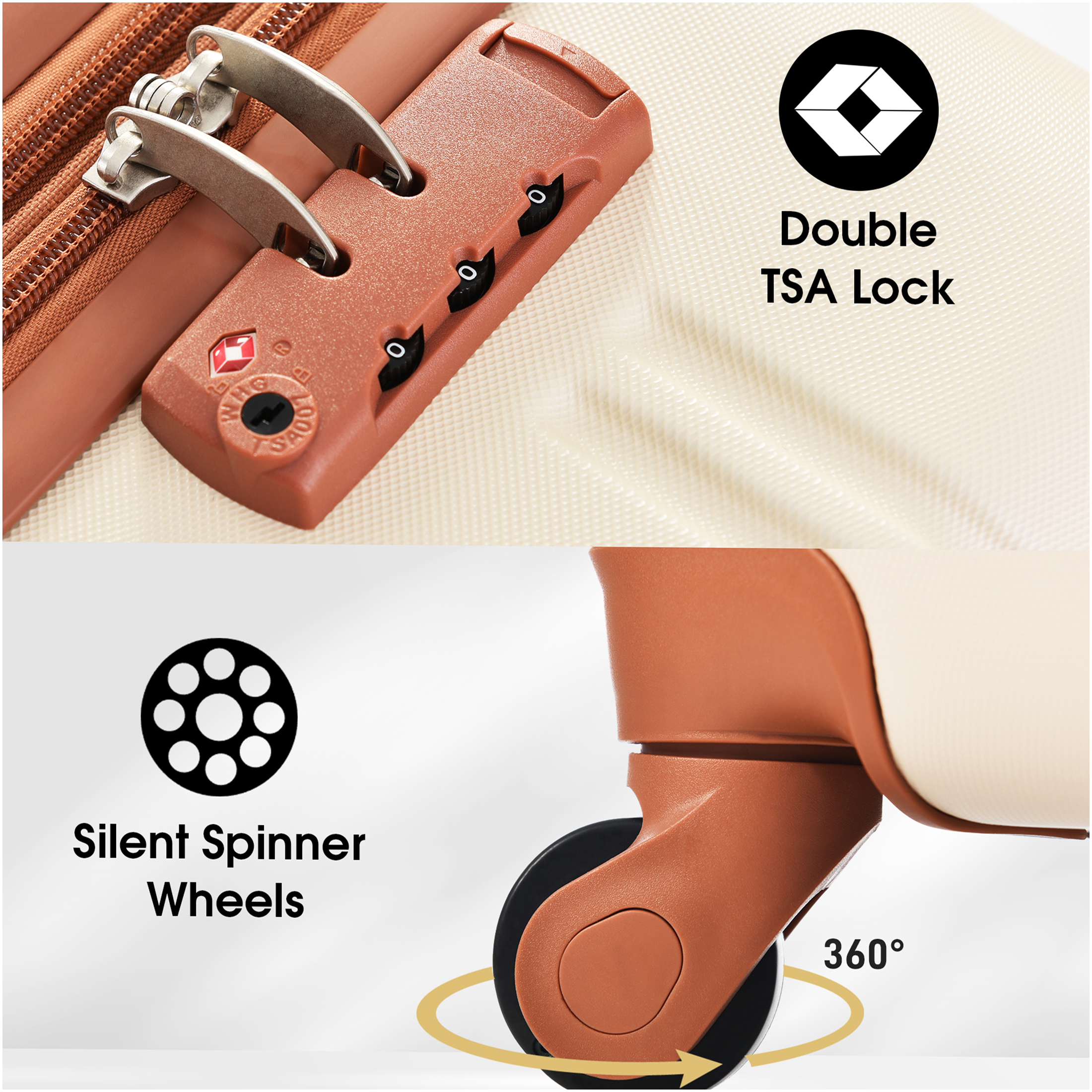 JERFIT Brown & White ABS Hardshell Spinner Luggage Set 2-Piece TSA Lock Lightweight Expandable Suitcases 20" & 24" for Travel