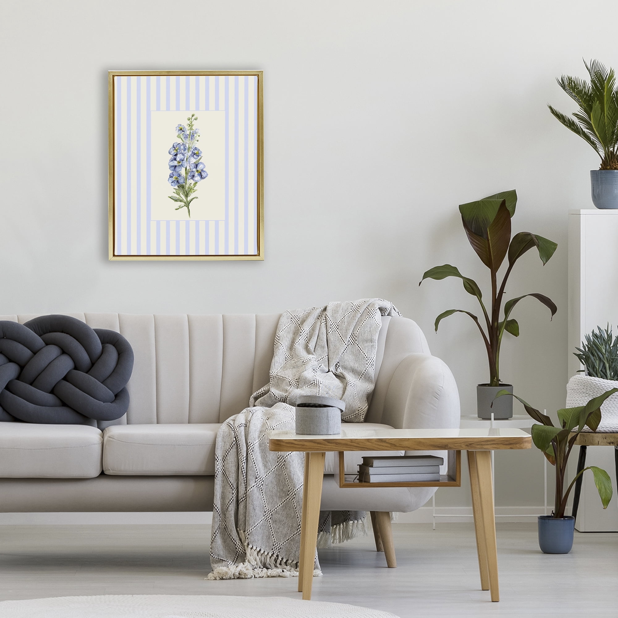 Blue Stripe Larkspur Gold Framed Floater Canvas Wall Art, design by Lisa Wehmeyer