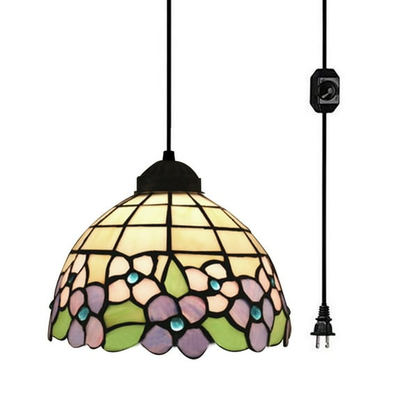 Kiven 7.9-inches Flower Style Stained Glass Plug-in Pendant Fixture, 1-Light
