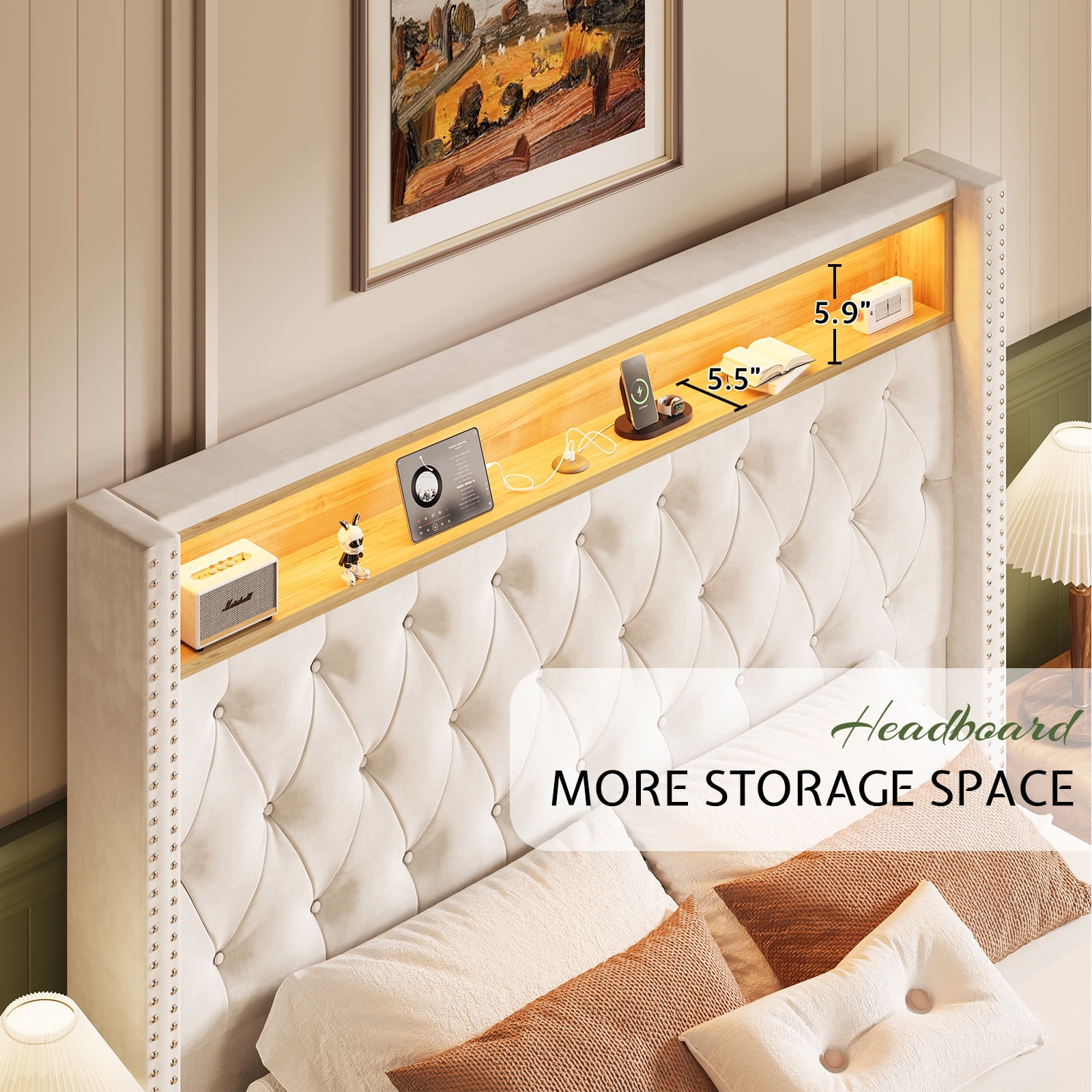 LUXOAK LED Queen Bed Frame,Charging Station and Storage Upholstered Headboard/Velvet/Cream