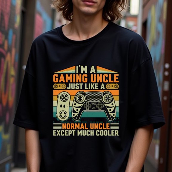 Greenink Men's Funny Gaming T-Shirt - I'm a Gaming Uncle Saying with Controllers - Black Crew Neck Casual Shirt - 180gsm Heavy Cotton Tee for Gamers, Cool Uncles & Than