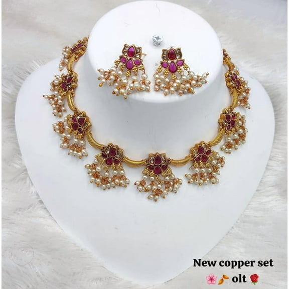 Copper-Plated Necklace Set with Red Stones & Pearl Drops – Traditional Wedding Jewelry