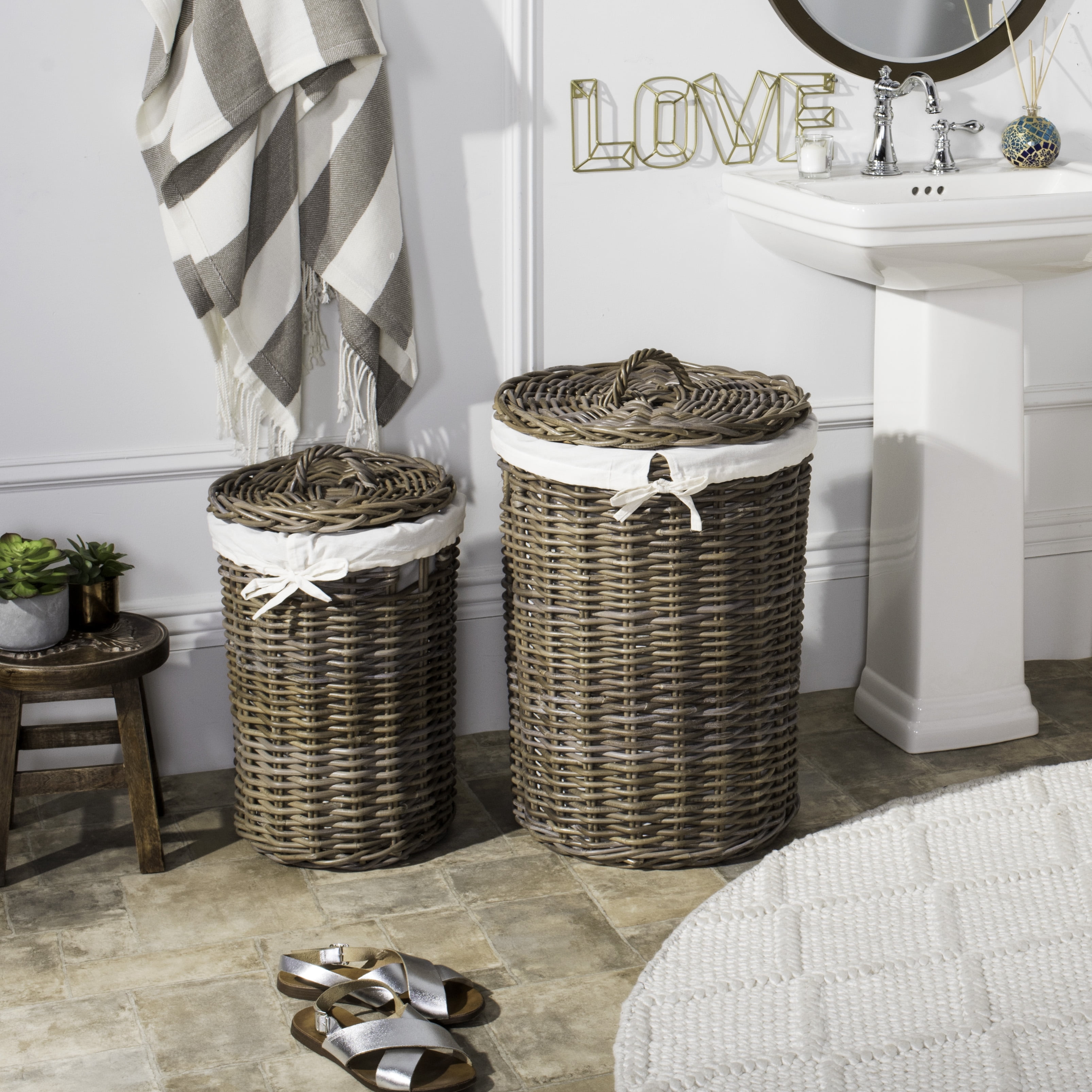 Safavieh Millen Rattan Round Hamper Laundry Baskets, Two-in-One