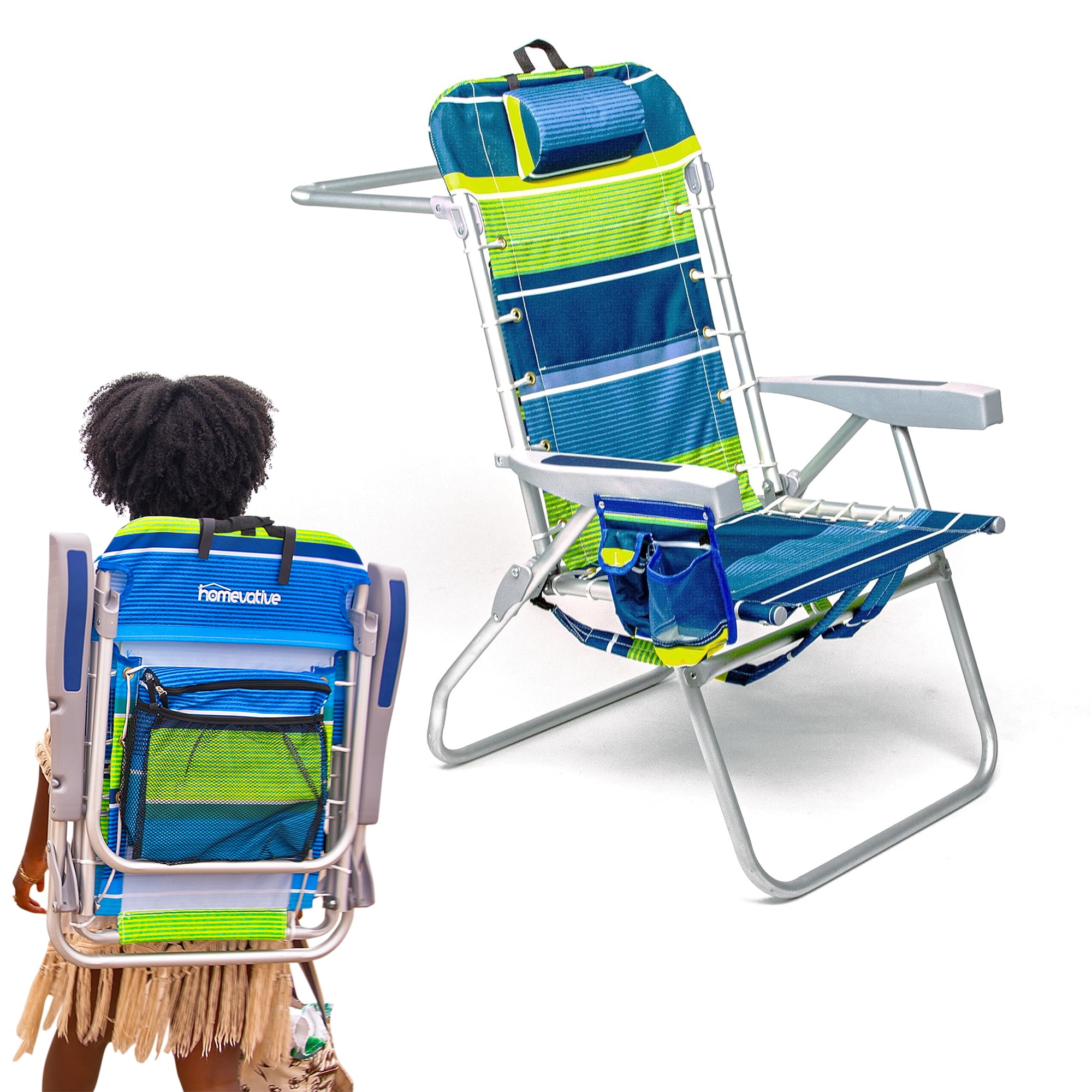 (Tall Chair) Homevative Folding Backpack High Beach Chair, Towel bar, Key Lime