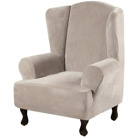 Velvet Plush Stretch Wingback Chair, Grey Wingback Chair Slipcover