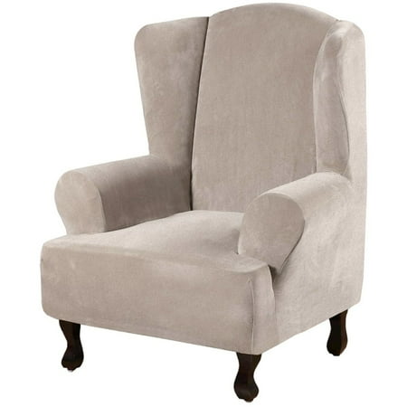 Velvet Plush Stretch Wingback Chair Covers Wing Slipcover Covera Furniture For Chairs Living Room Feature Soft Thick Canada Velvet Plush Stretch Wingback Chair, Grey Wingback Chair Slipcover