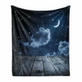 thumbnail image 1 of Dark Blue Soft Flannel Fleece Blanket, Vivid Night Sky with Stars Clouds and Crescent Moon Wooden Planks Celestial, Cozy Plush for Indoor and Outdoor Use, 60" x 80", Dark Blue White, by Ambesonne, 1 of 6
