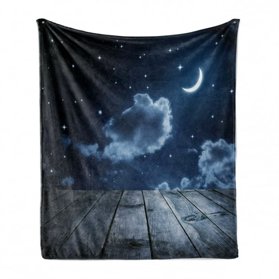 Dark Blue Soft Flannel Fleece Blanket, Vivid Night Sky with Stars Clouds and Crescent Moon Wooden Planks Celestial, Cozy Plush for Indoor and Outdoor Use, 50" x 60", Dark Blue White, by Ambesonne