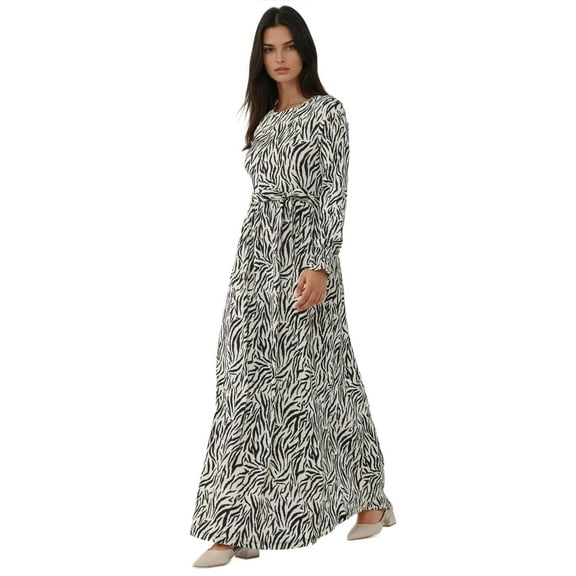 Printed Crew Neck Maxi Dress with Belt