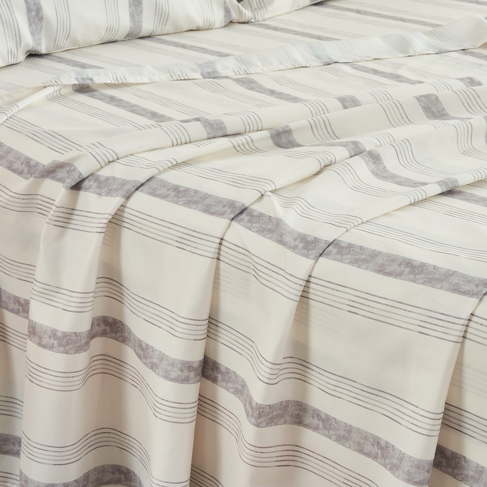 Gogreen Gray Striped Queen sheet set with Deep Pocket Fitted Sheet Set, Breathable Microfiber Printed Bedsheets