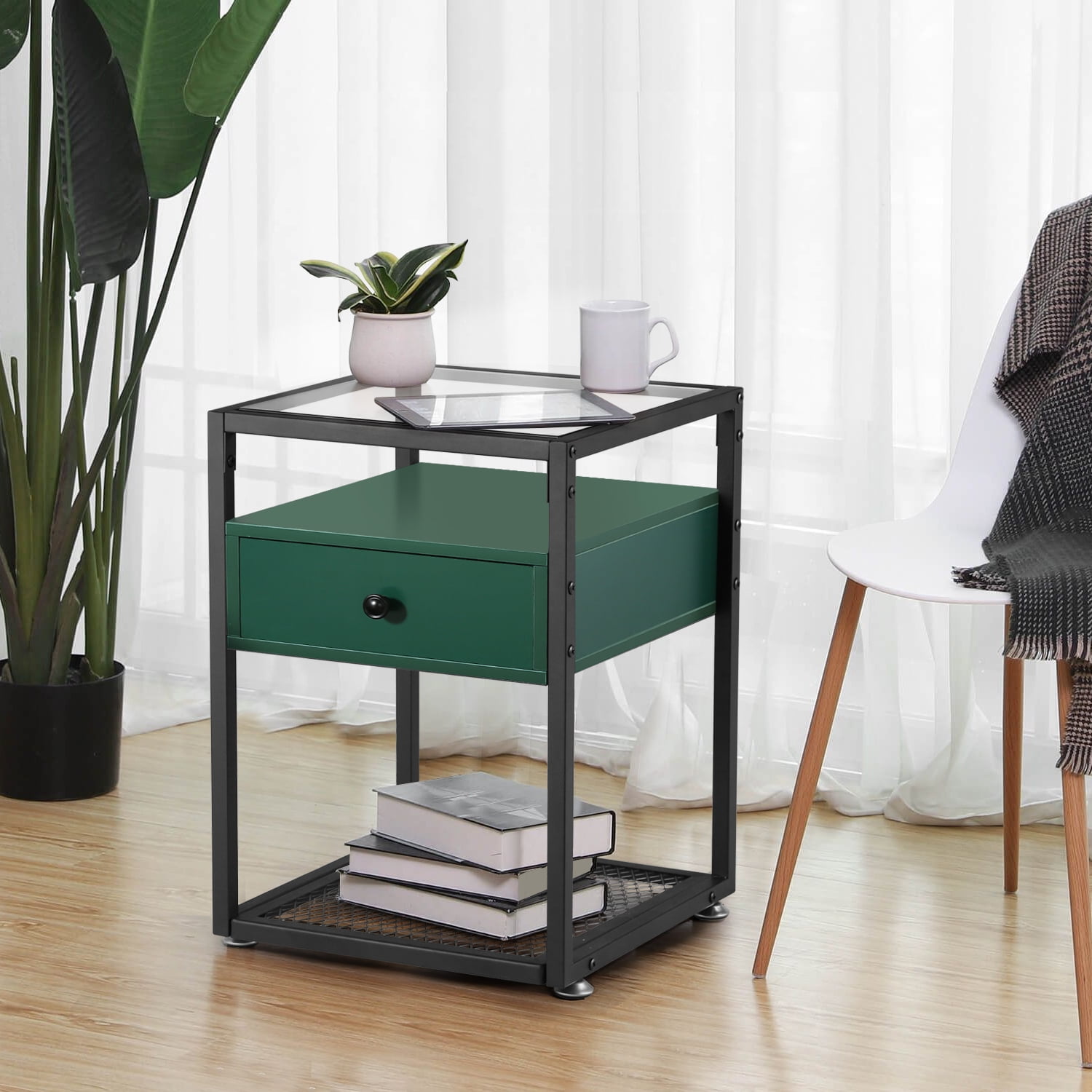 VECELO Tempered Glass End Table with Drawer and Shelf, Green Walmart