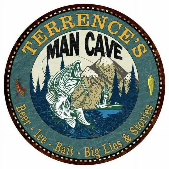 TERRENCE'S Man Cave Fishing 14" Round Metal Sign Garage Bar Decor 100140004484