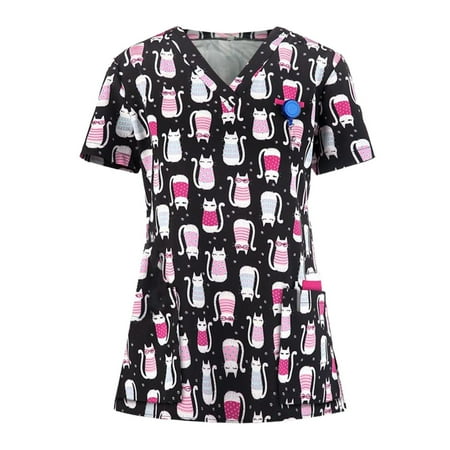 

QAZXD Womens V Neck Medical Nursing Uniform Print Short Sleeve Scrub Tops with Two Pockets S-XXXL XXXXXL