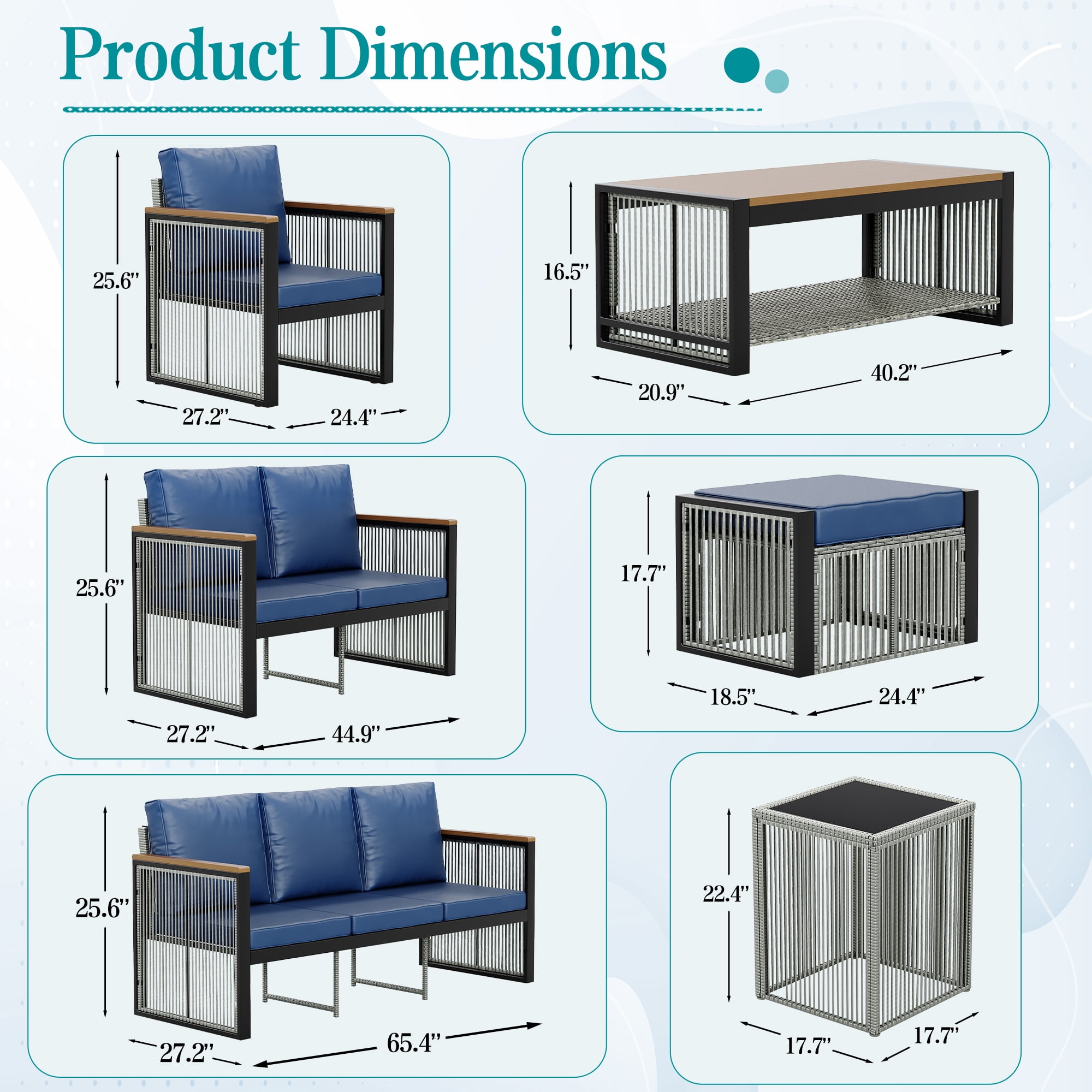 Vicluke Outdoor Patio Furniture Set with Ottomans, 6 Piece Patio Conversation Sets with Coffee Table, Patio Sectional Furniture Set for Porch, Balcony, Deck, Yard,Blue