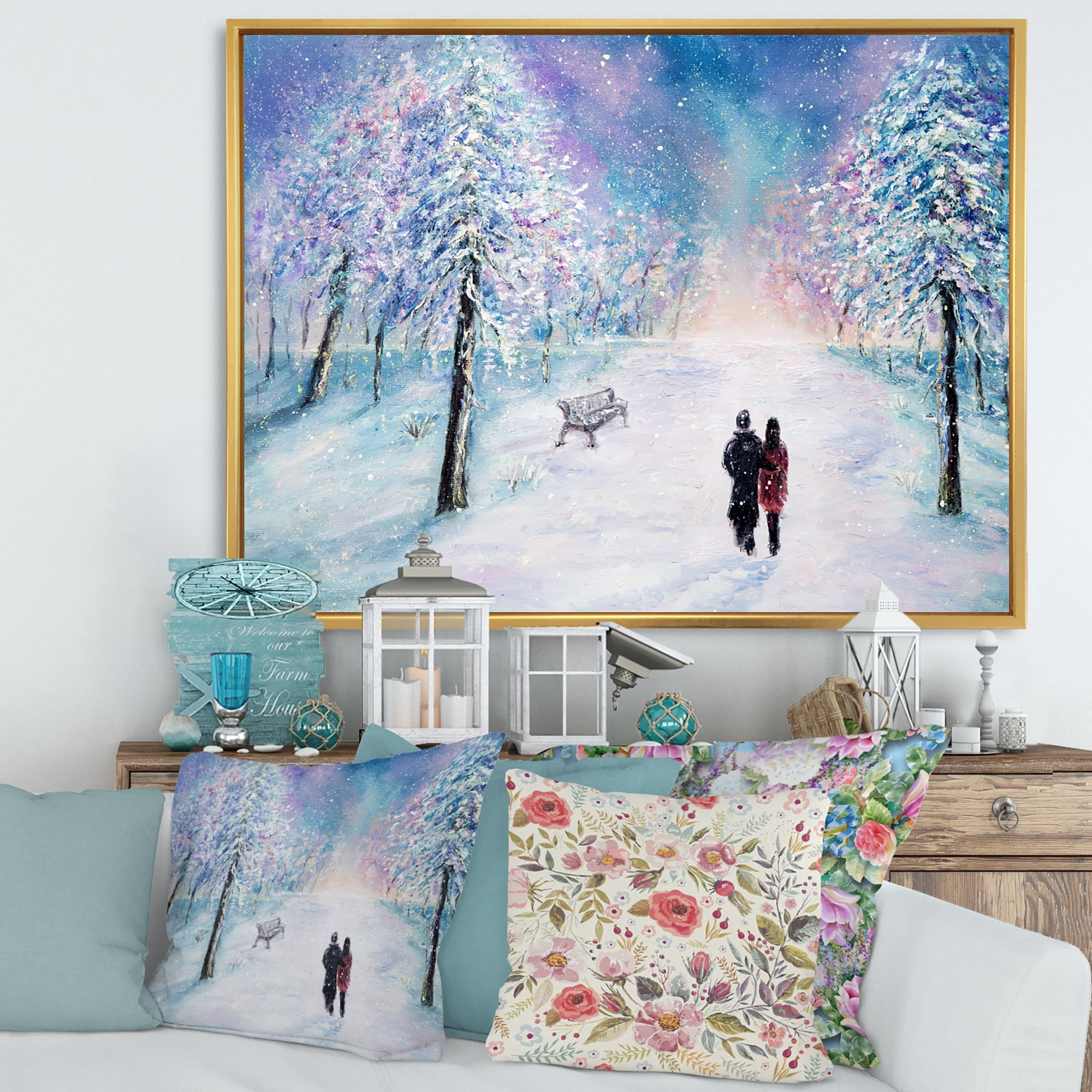 Designart 'Couple In Love Walks During Snowy Winter Times' Traditional Framed Canvas Wall Art Print