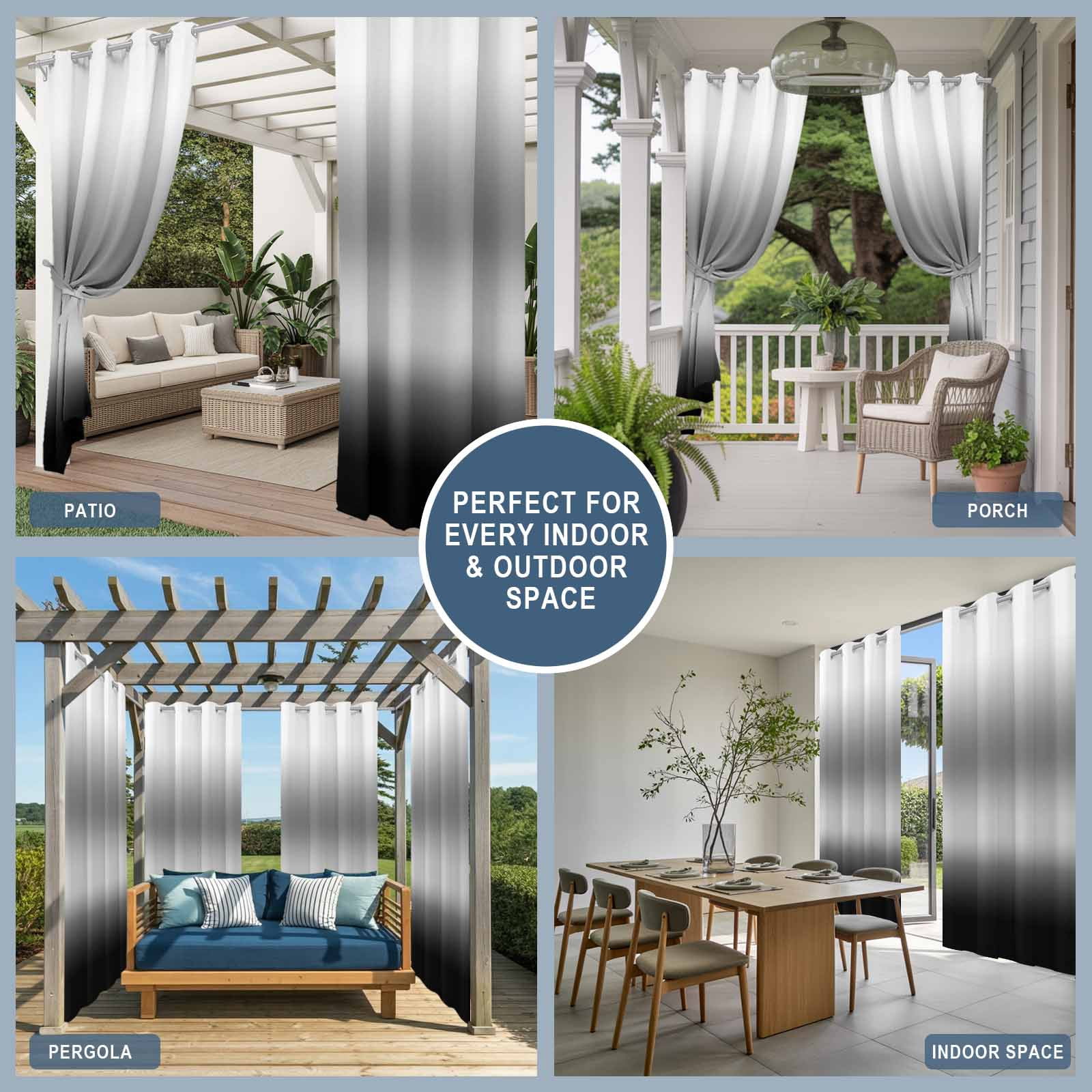 Black and White Gradient Outdoor Curtains for Patio, Minimalist Dark Grey Ombre Modern Art Sunshade Privacy Drapes Grommet Waterproof Outside Curtains for Porch/Cabana/Balcony 54"x 108", 1 Panel