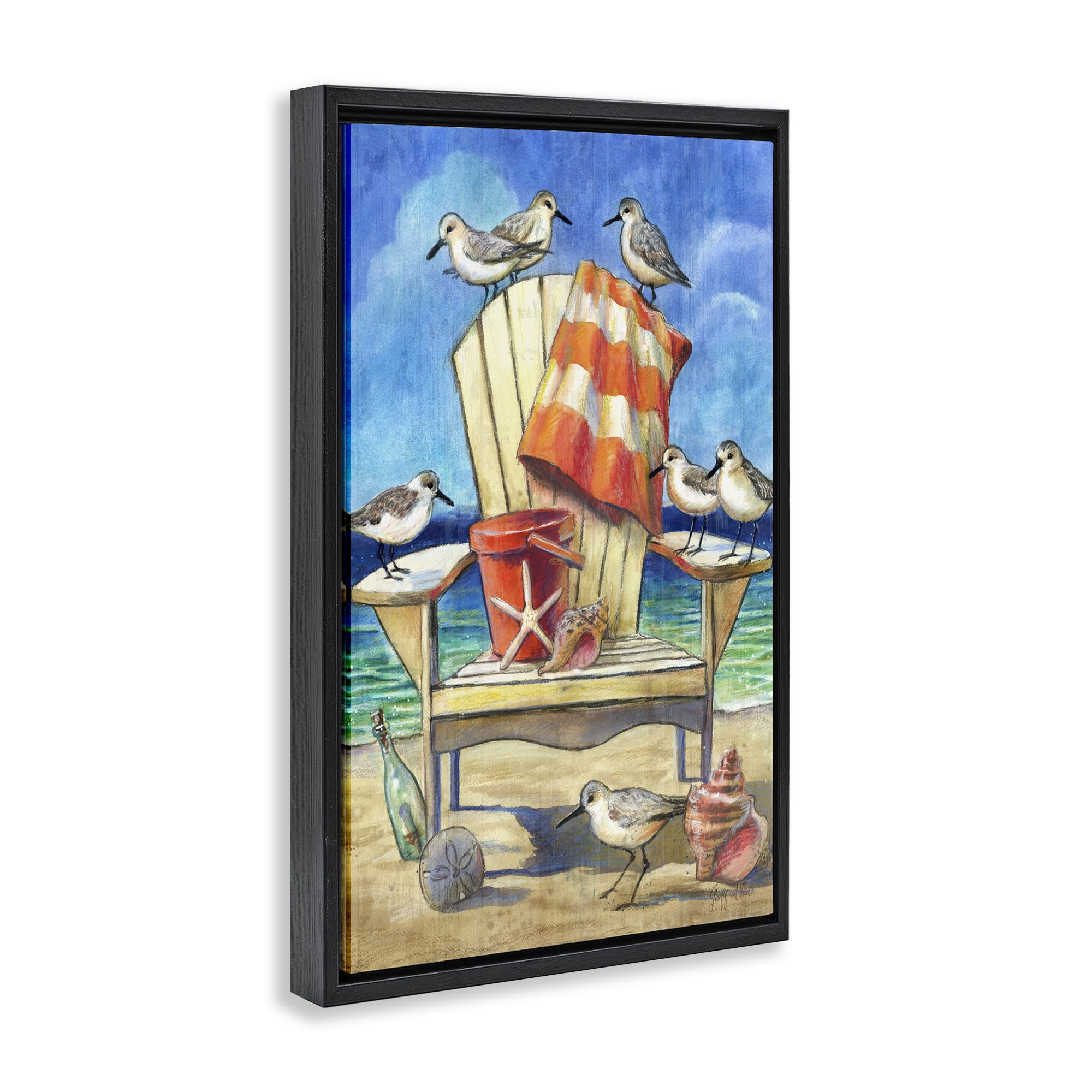 Stupell Industries Summer Beach Chair Seagulls Nautical & Beach Painting Black Floater Framed Canvas Art Print Wall Art, 17 x 25