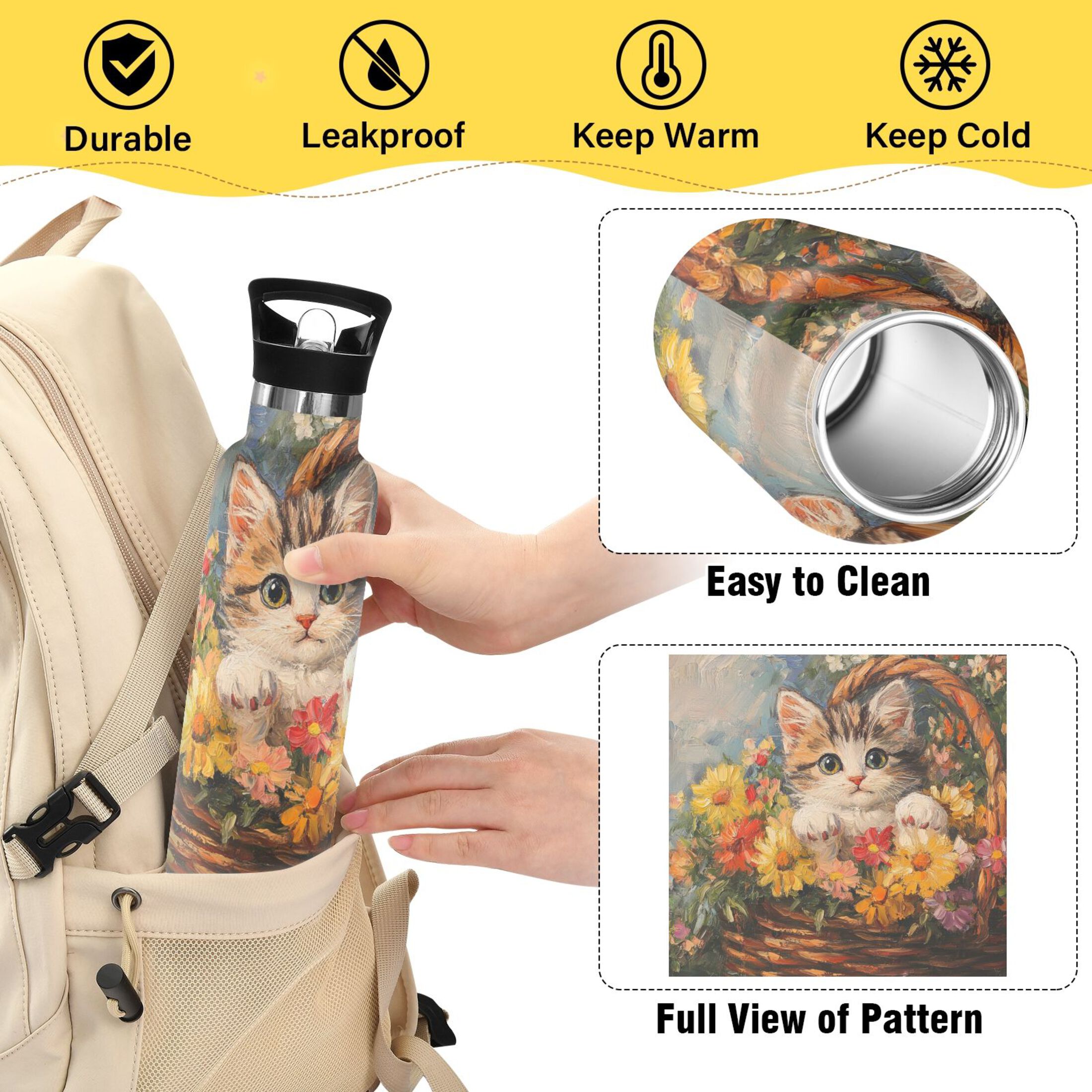 600ML Stainless Steel Insulated Cup Sports Water Bottle Portable Thermos Cup Water Glasses Insulated Tumblers Convenient and Durable Little Cat