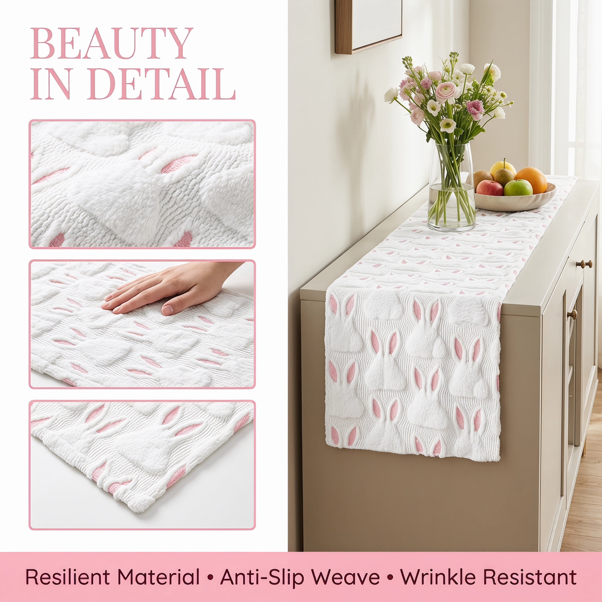 Unique Bargains Rabbit Kitchen Runner Table Runner for Decorations Pink 13"x36.6"