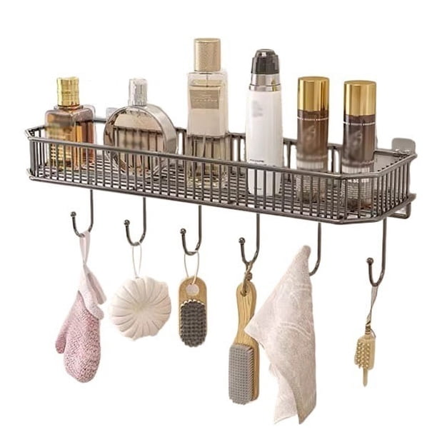 Organizador de estantes de pared con 5 ganchos, ahorra espacio, estantes flotantes de acero inoxidable sin perforaciones for baño y cocina.