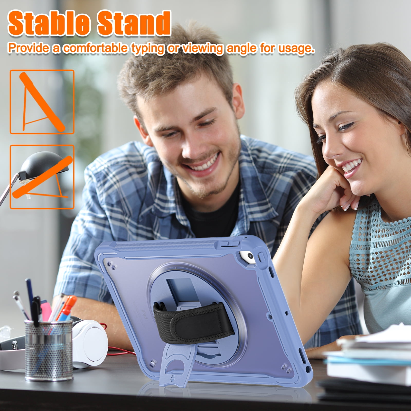 Dteck Case for iPad Air 2/iPad Pro 9.7"/iPad 5th/6th Generation,Military Grade Shockproof Silicone Protective Cover 360° Rotatable Stand- Shoulder Strap- Handle- Pencil Holder,Grey