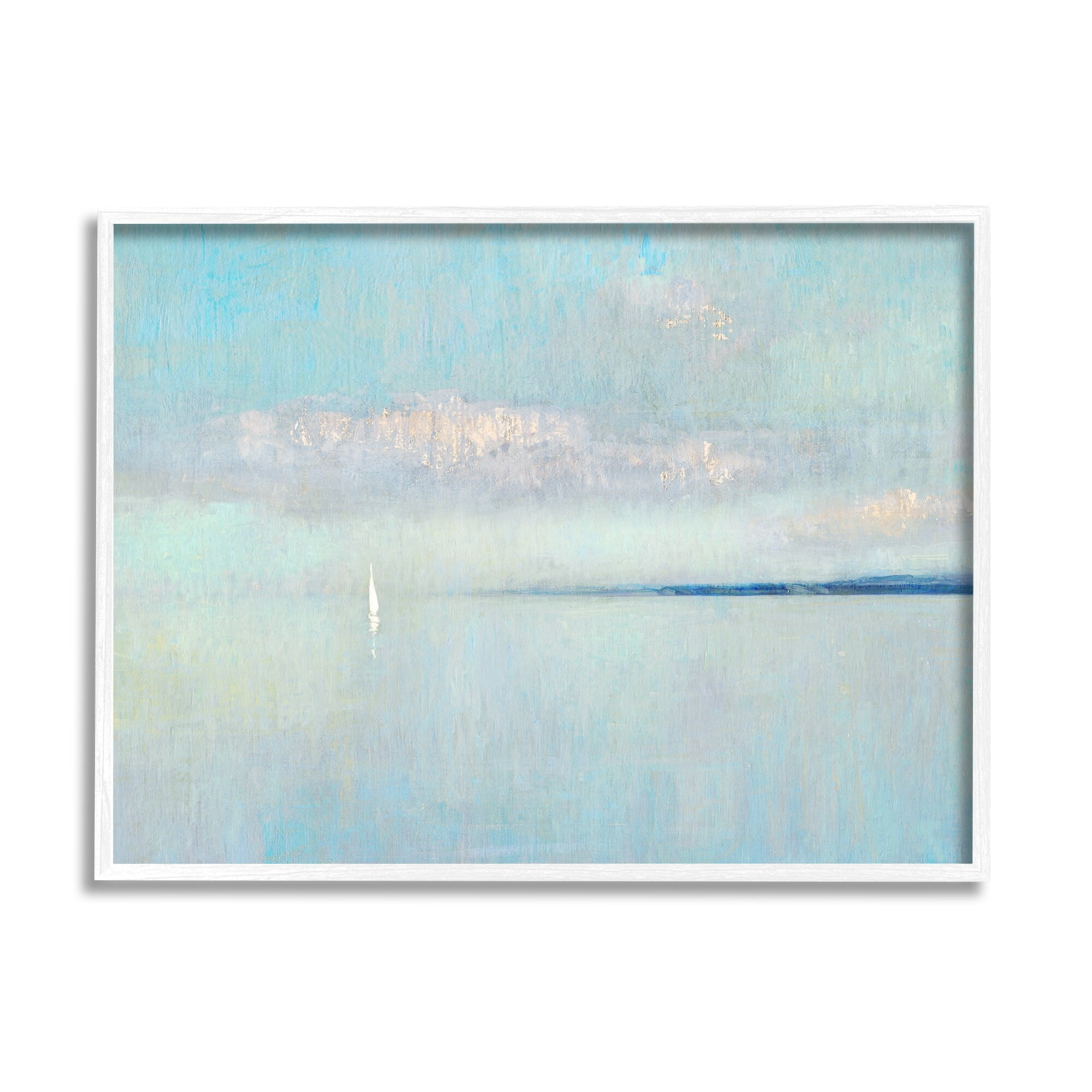 Stupell Industries Atmospheric Cloudy Ocean Scenery Lone Sailboat Floating Painting White Framed Art Print Wall Art, Design by Katie Swatland