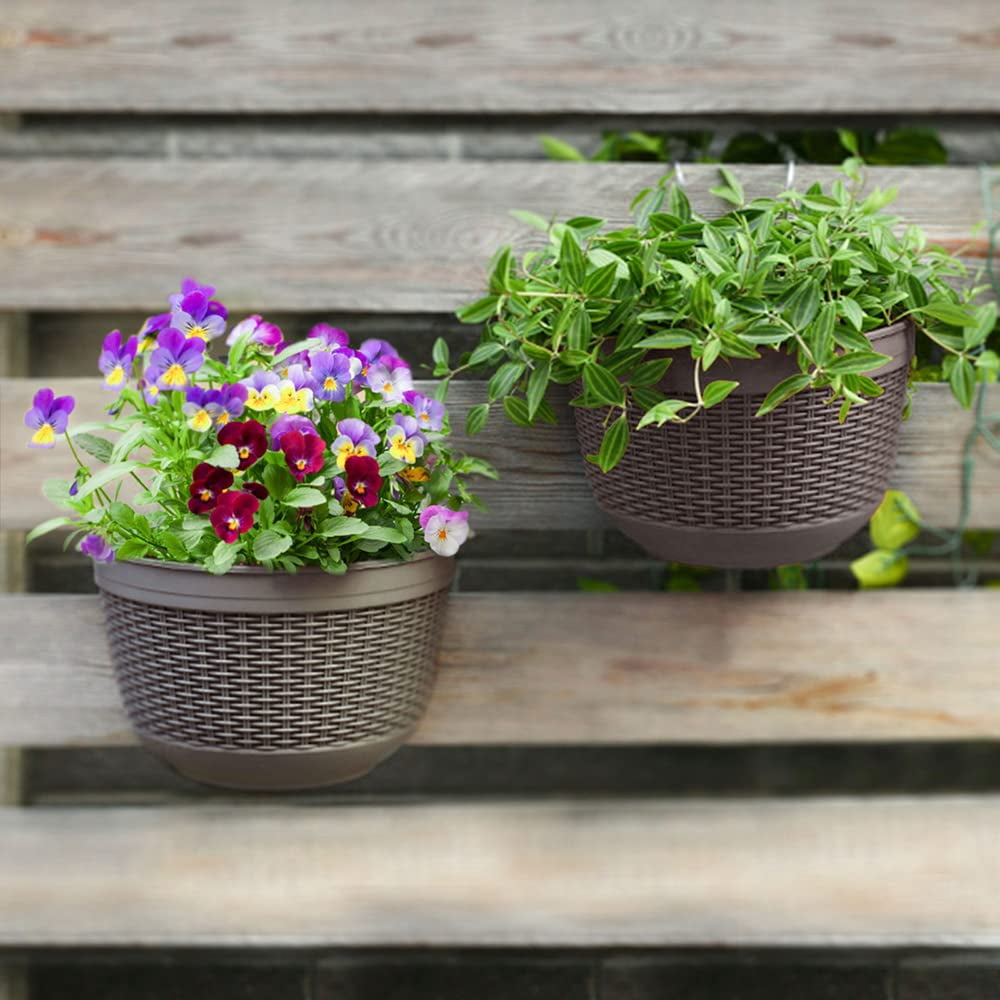 Set of 2 Pcs Hanging Planters Outdoor Hanging Basket Plastic Flower Pot Plants Holder Hanger for Balcony Fence Wall Mounted