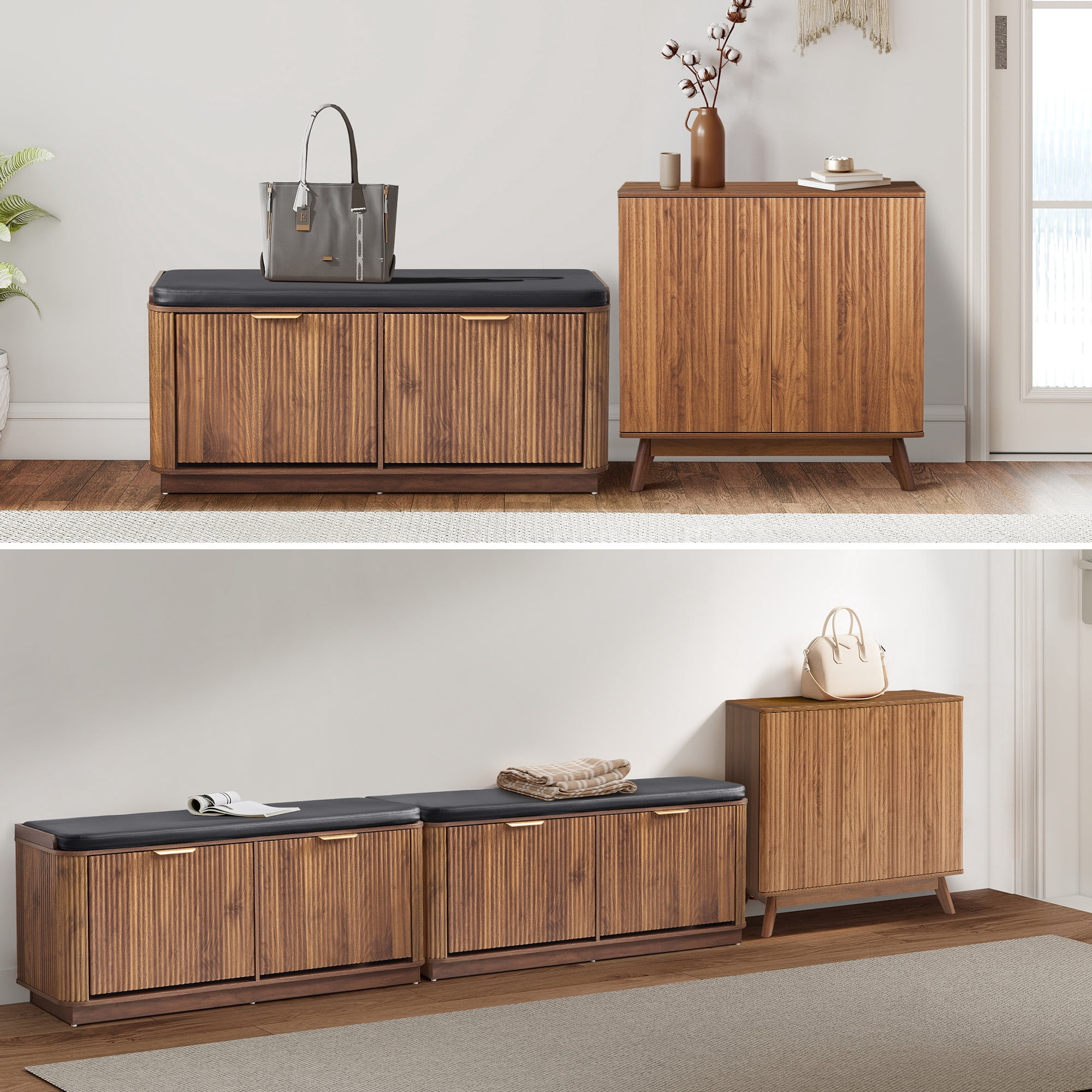 Wirrytor Fluted Shoe Storage Bench with Cushion and 2 Flip Drawers, 3-Tier Wooden Entryway Bench Shoe Organizer for Hallway Bedroom, Natural Wood