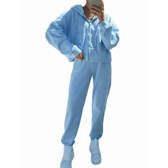 Women'S Fall 2 Piece Sweatsuits Set Long Sleeve Zip Up Sweatshirt Wide Leg Sweatpants Lounge Sets Sky Blue L