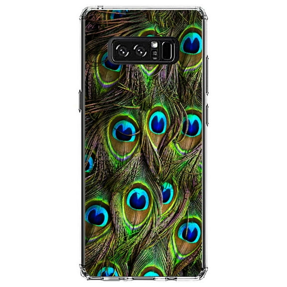 DistinctInk Clear Shockproof Hybrid Case for Samsung Galaxy Note 8 - TPU Bumper, Acrylic Back, Tempered Glass Screen Protector - Peacock Feathers - Animal Print