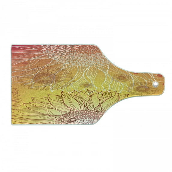 Botanical Cutting Board, Sunflowers in Warm Colors Doodle Agriculture Design Blooming Plants, Tempered Glass Cutting and Serving Board, Wine Bottle Shape, Orange Yellow Burgundy, by Ambesonne