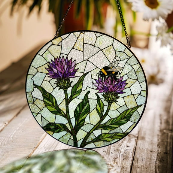 Purple Thistle and Bee Floral Suncatcher Round Stained Glass Gift for Nature Lovers