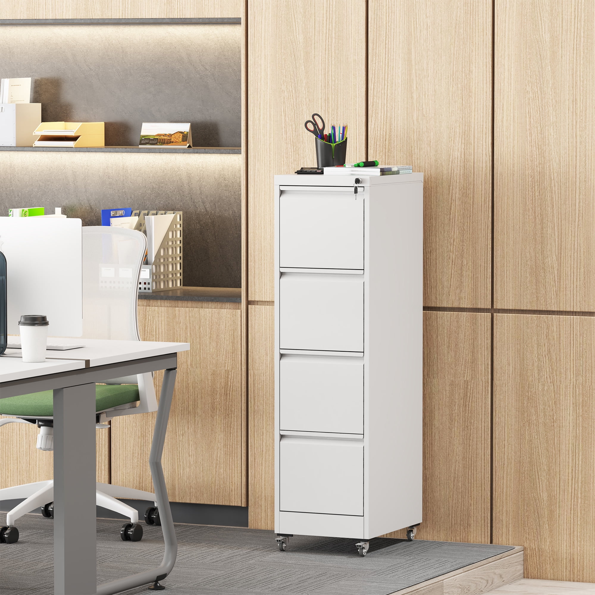 4 Drawer Metal Locking Vertical File Cabinet on Wheels, Heavy-Duty Lockable Cabinet for Home & Office, Black, 17.71"D*15.16"W*52.28"H, White