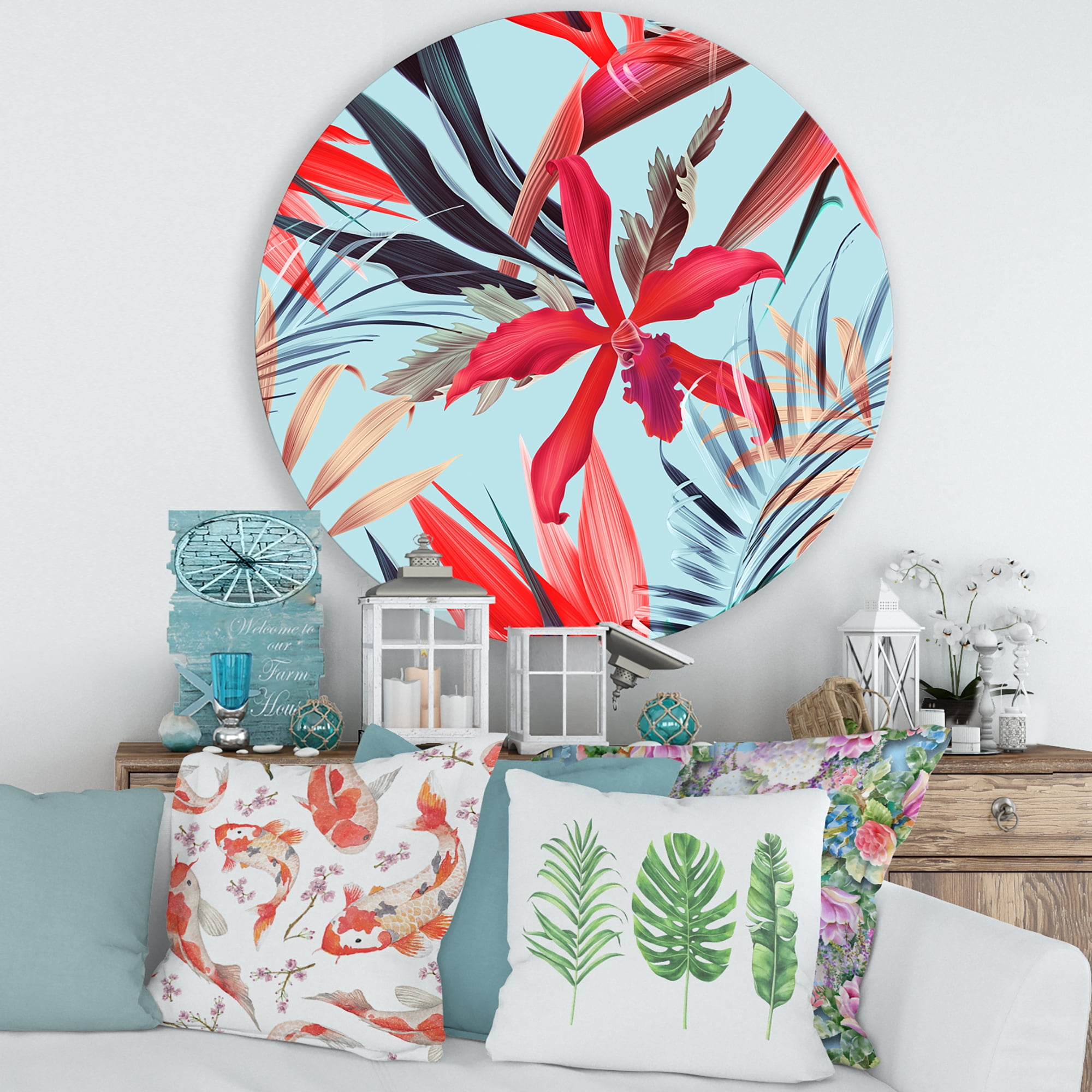 Designart 'VIntage Tropical Flowers IV' Traditional Circle Metal Wall Art 29x29 - Disc of 29