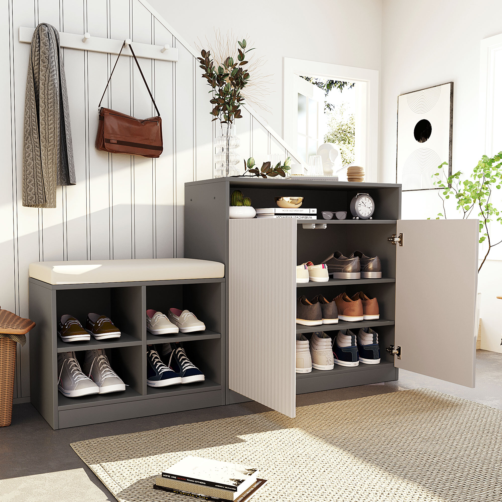 Euroco 55" Large Shoe Storage Cabinets with Shoe Bench,Modern Entryway Bench with 3-Tier Adjustable Shelves,Removeble Cushion and Hooks,Shoe Rack Shoe Organizer for Bedroom, Living Room,Grey