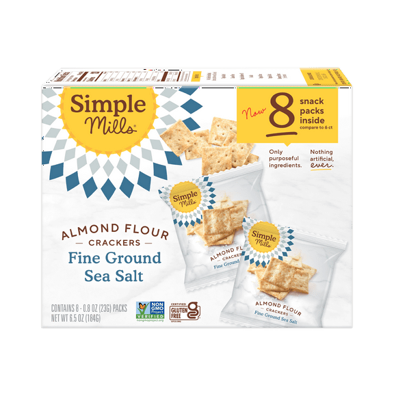 Simple Mills Almond Flour Crackers, Fine Ground Sea Salt Snack Crackers Snack Packs, 0.8 oz, 8 Count
