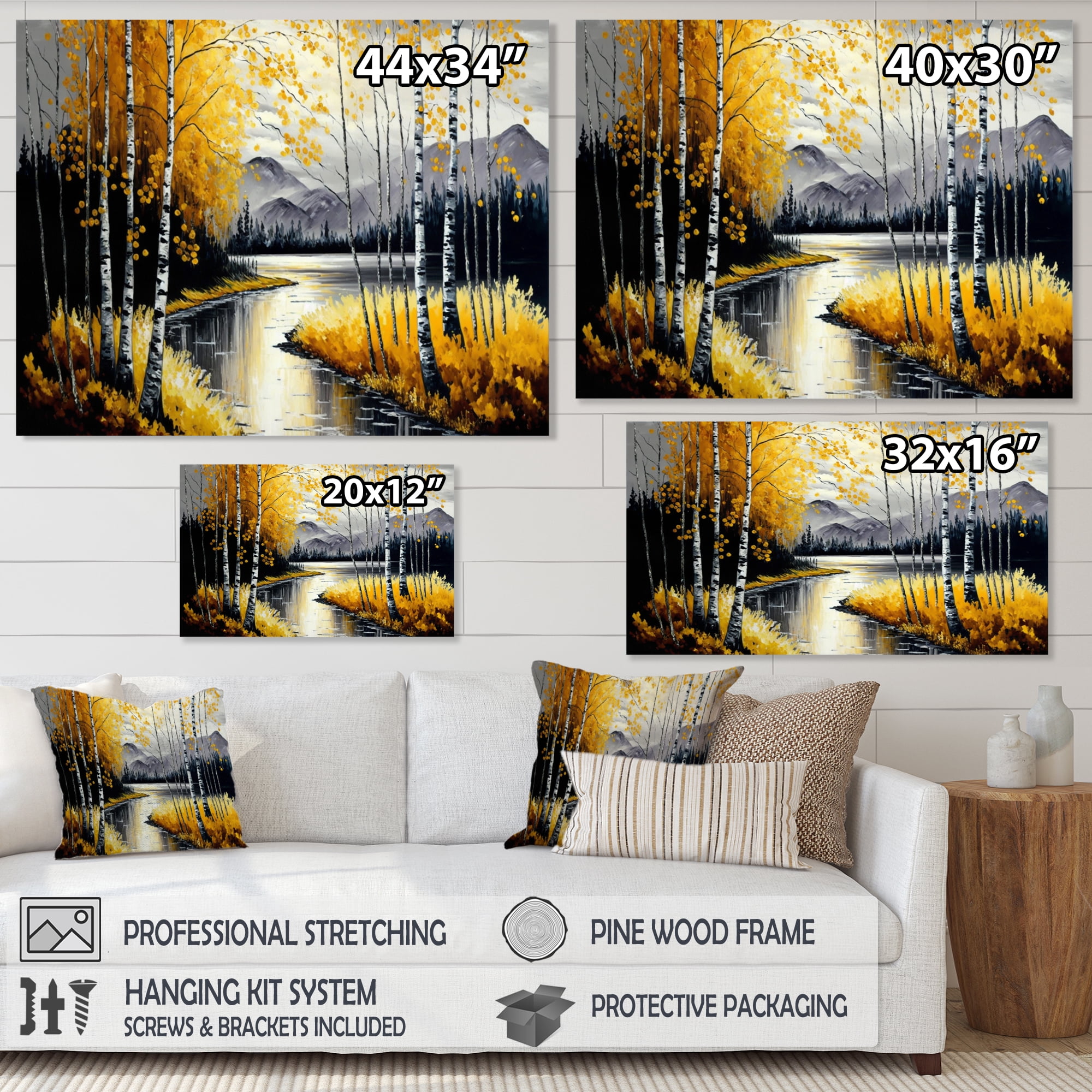 Designart Grey And Yellow Birch Trees By The Lake II Canvas Wall Art