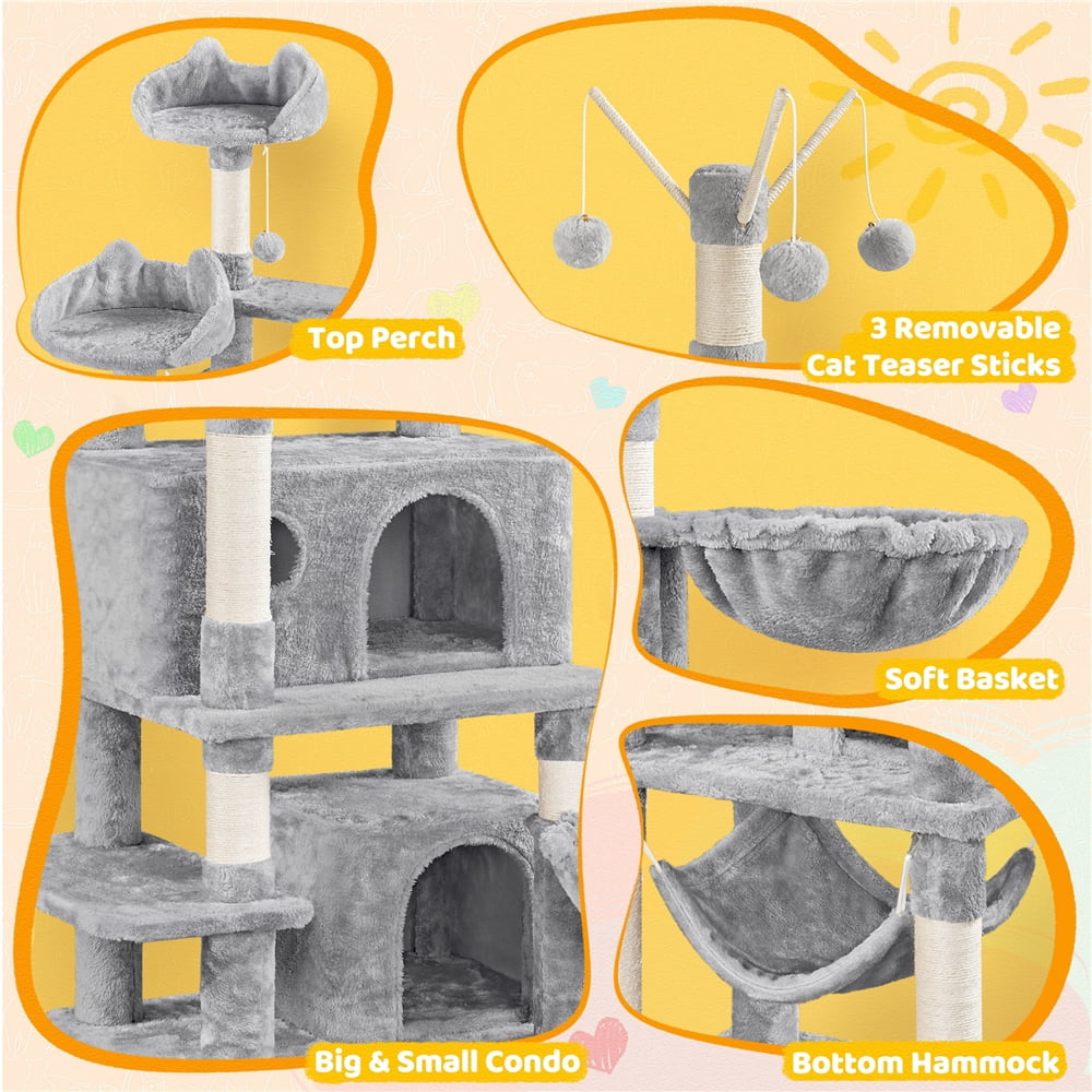 Yaheetech 67.1" H Large Cat Tree with 2 Big Condos and 1 Basket, Light Gray